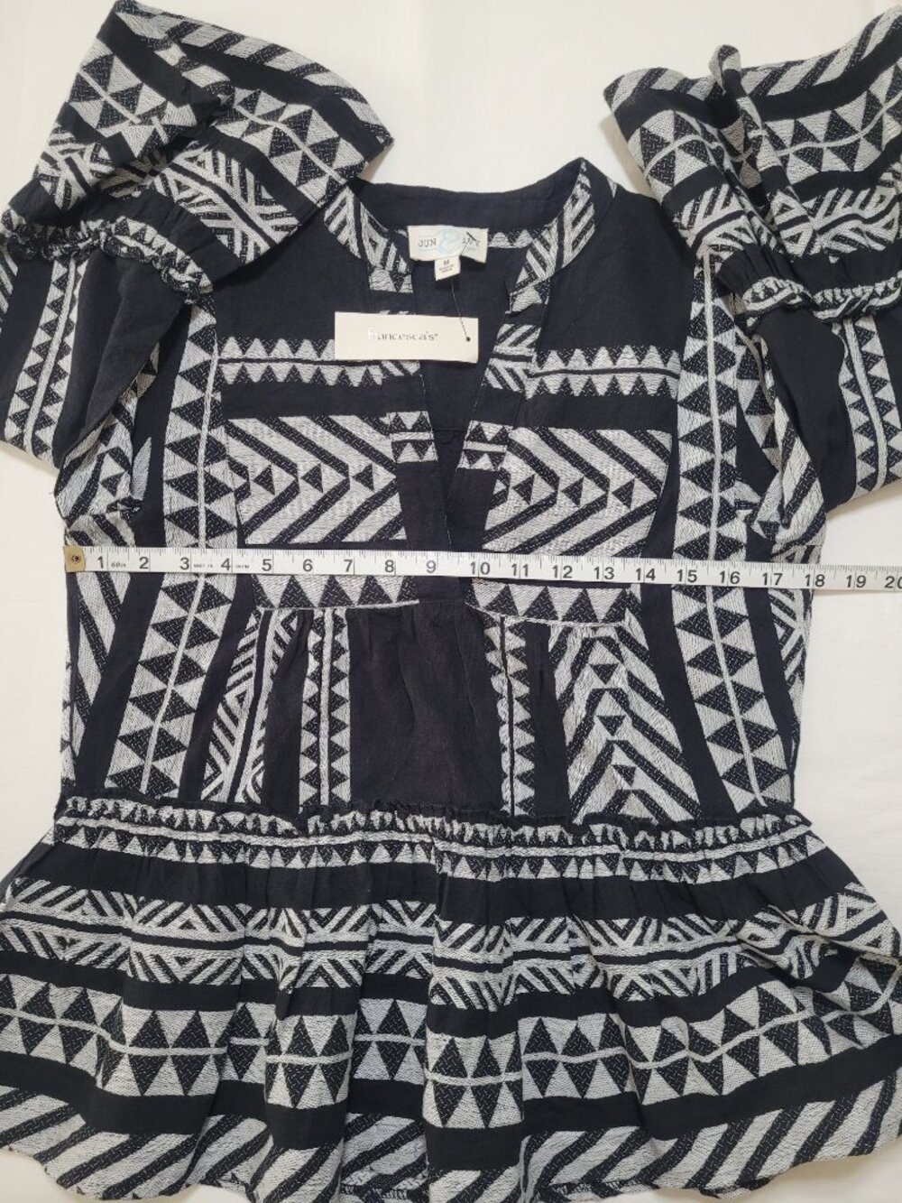 June & Ivy Boho Geometric Peplum Top Bell Sleeve Blouse Black White Medium - Picture 7 of 9